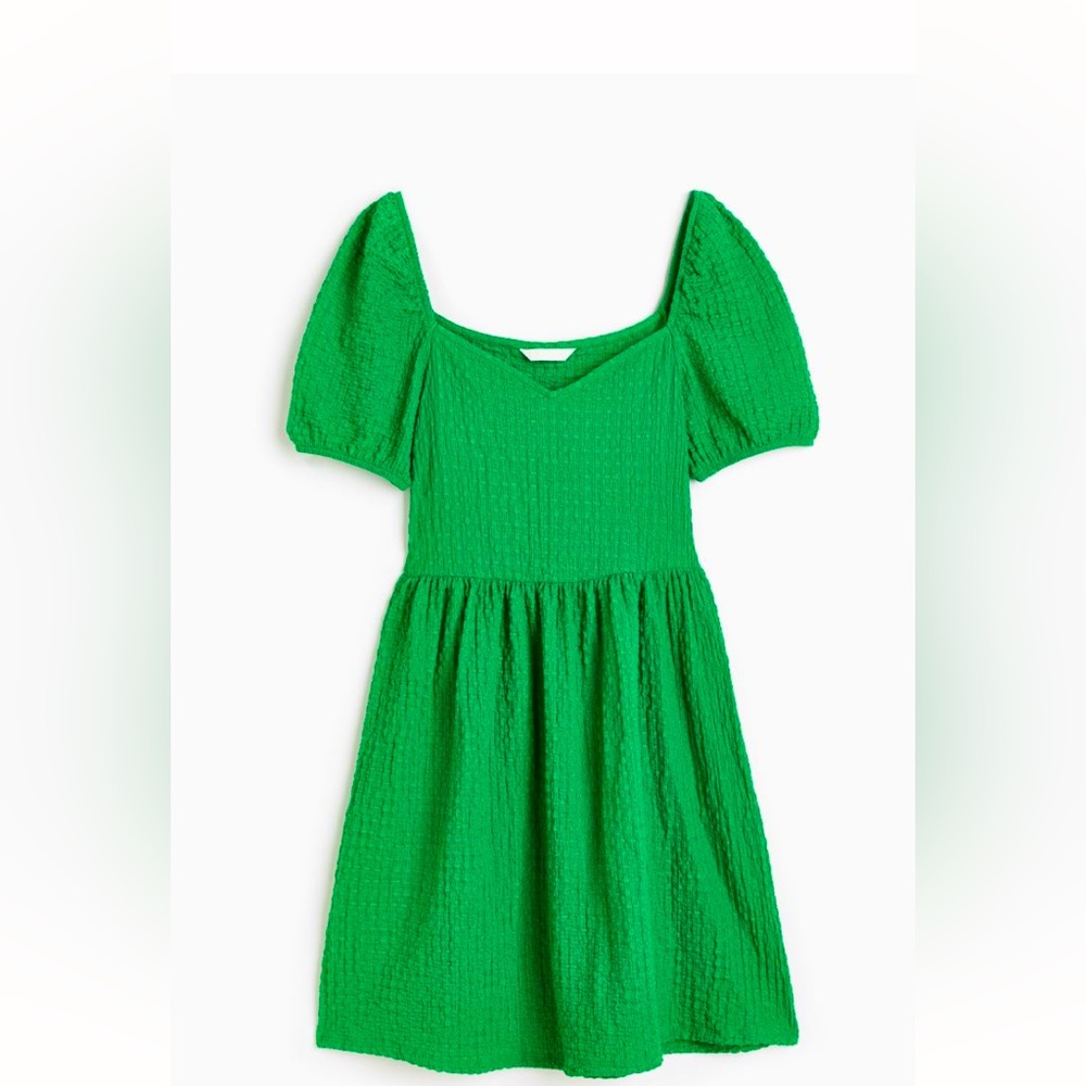 H&M Puff-Sleeved Textured Jersey Dress- Green